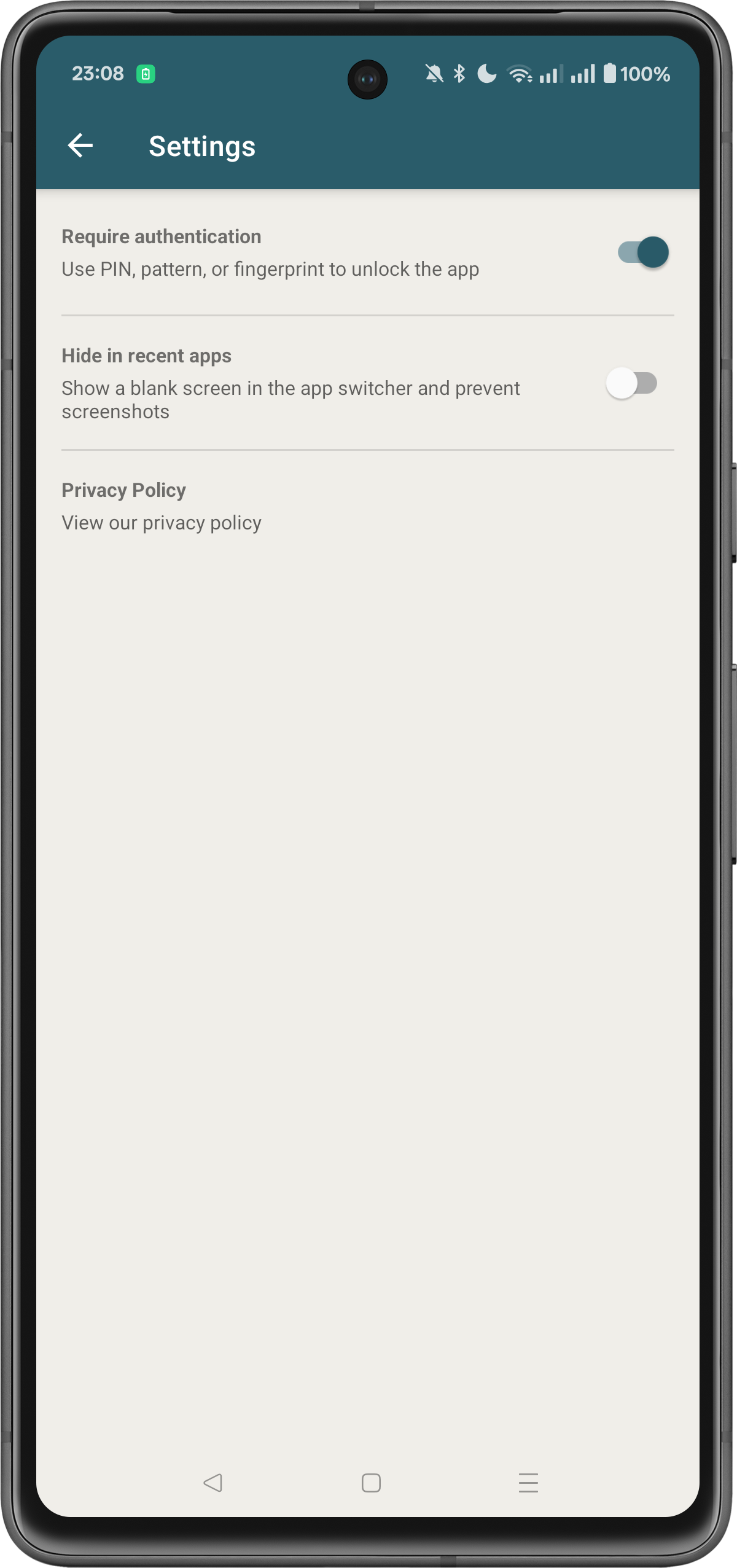 Settings screen with auth and privacy options