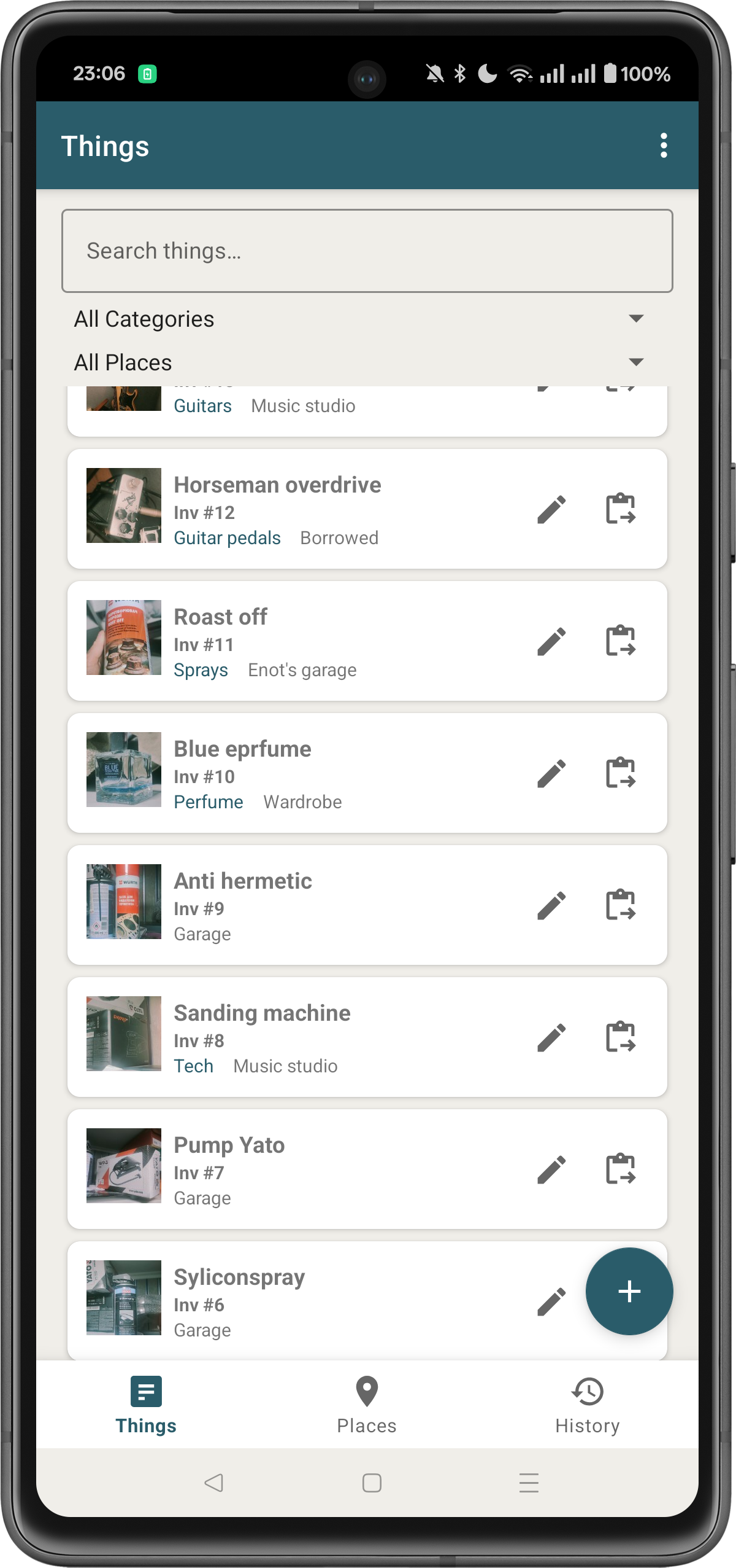 Things list with photos, categories, and places